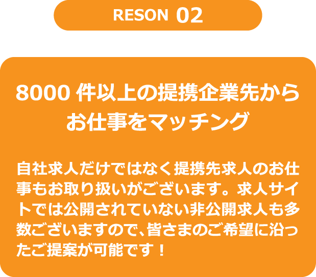 RESON2　8000件以上の提携企業先からお仕事をマッチング　自社求人だけではなく提携先求人のお仕事もお取り扱いがございます。求人サイトでは公開されていない非公開求人も多数ございますので、皆さまのご希望に沿ったご提案が可能です！